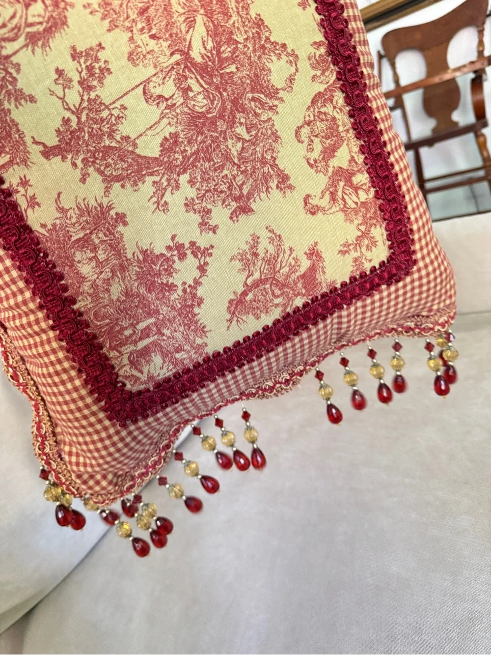 French Country Cottage Red Ivory English Toile Check Tassels Beaded Foam Pillow